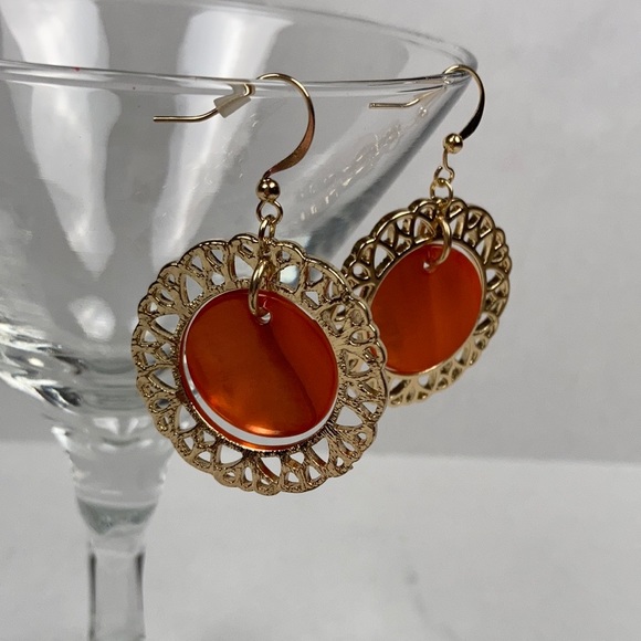 NWOT Gold Toned Burnt Orange Dangle Earrings - Picture 5 of 5